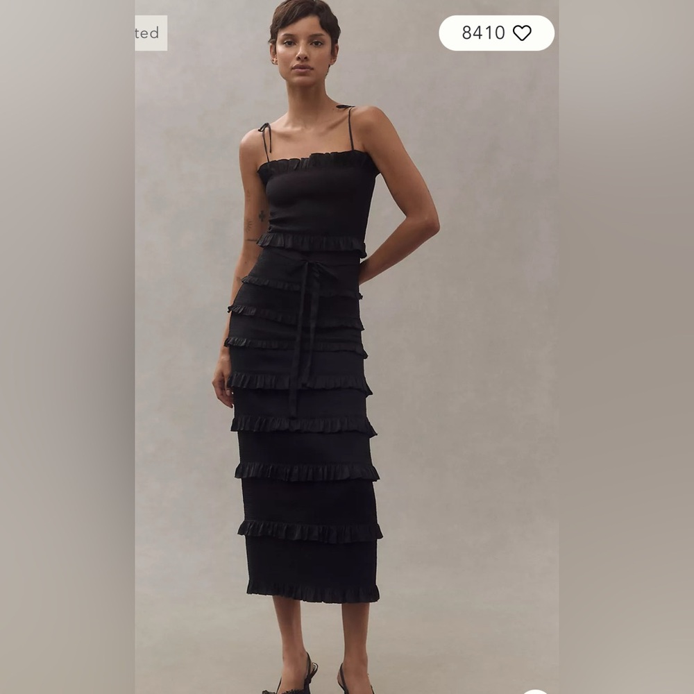 V. Chapman Black Lily Ruched Ruffle Stretch Satin Midi Dress